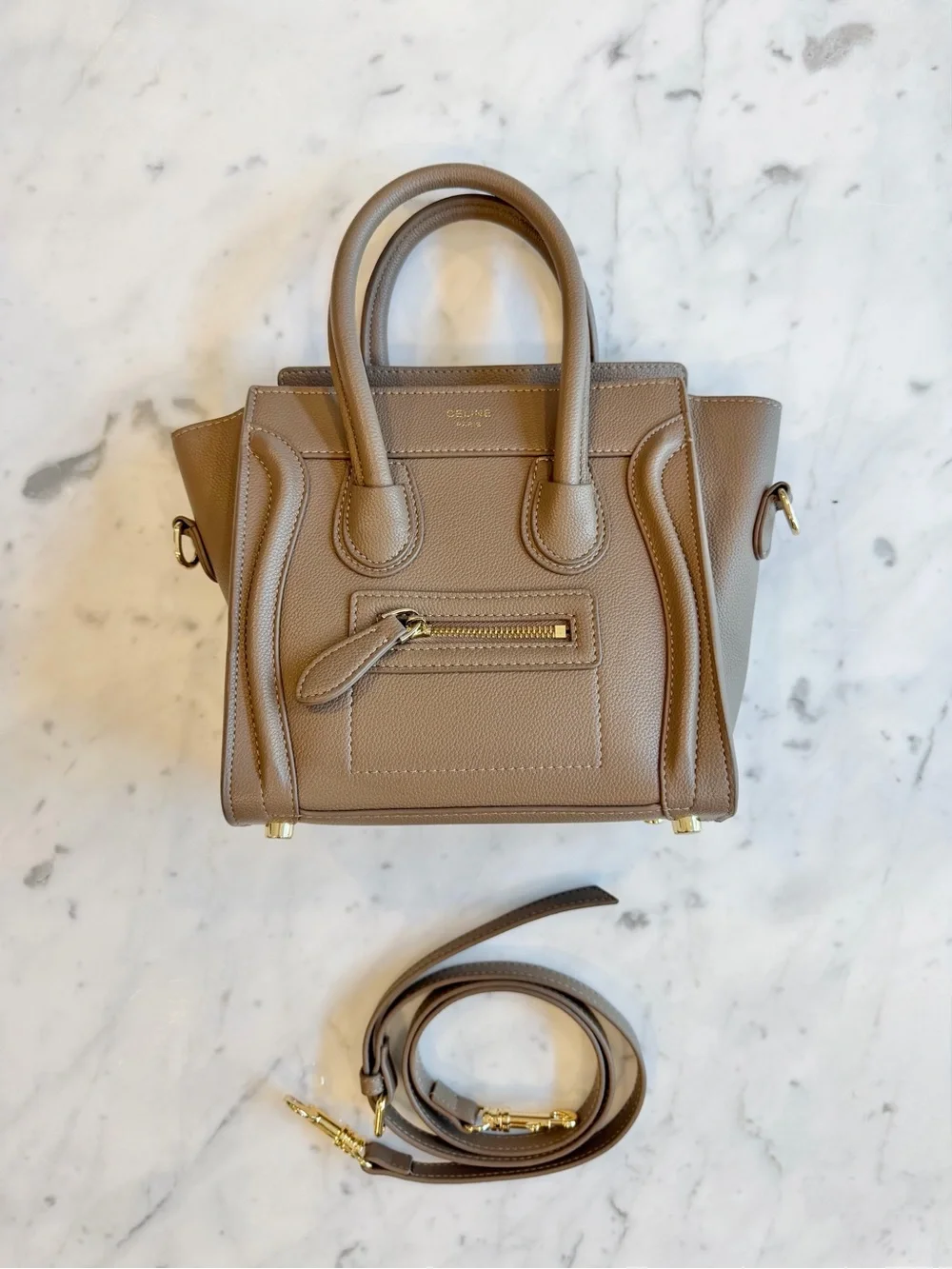 Preowned Taupe Nano Bag with shoulder strap